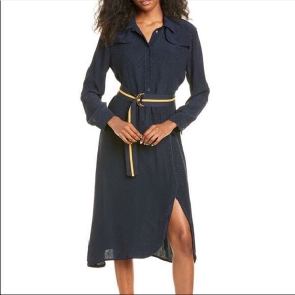 Sandro Marc crinkled jacquard tshirt dress navy long sleeve polka 38 medium NWT - Picture 1 of 16